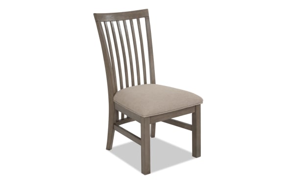 Artisan Beige & Gray Slat Back Upholstered Dining Chair with polyester fabric seat, oak veneer slat back, and Asian hardwood frame in transitional style.