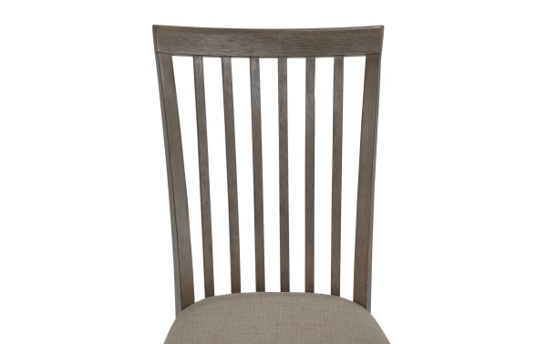 Transitional Artisan Beige & Gray Slat Back Upholstered Dining Chair with polyester fabric seat, oak veneer slats, and Asian hardwood frame.