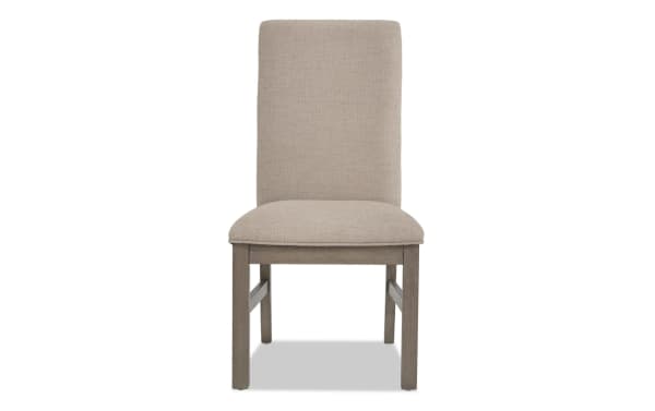Transitional Artisan Beige & Gray solid back dining chair with polyester fabric upholstery, oak veneer frame, and Asian hardwood solids for artisanal dining.