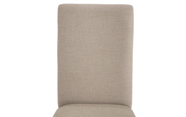 Beige Artisan Dining solid back upholstered dining chair with polyester fabric, oak veneer accents, and transitional style design.
