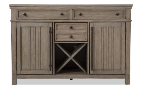 Artisan Gray 3 Drawer Server in transitional style with Asian hardwoods and oak veneers, gray finish, felt-lined drawers, and X-shaped wine storage.