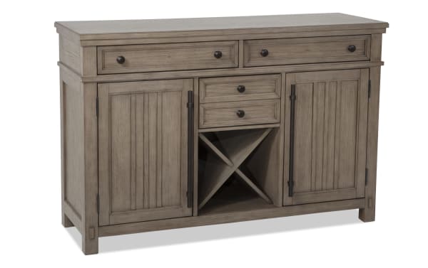 Artisan Gray 3 Drawer Server in transitional style with Asian hardwoods, oak veneers, felt-lined drawers, and X-shaped wine storage.