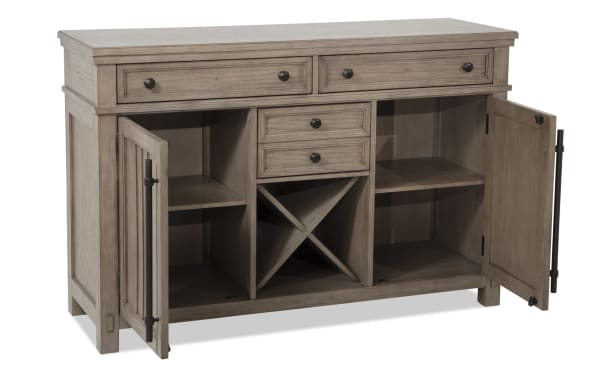 Artisan Gray 3 Drawer Server in transitional style with Asian hardwoods and oak veneers, featuring felt-lined drawers, open shelving, and X-shaped wine storage.
