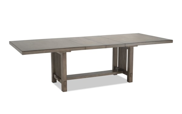 Artisan Gray Extendable Dining Table in transitional style with oak veneer top, Asian hardwood solids base, and two extendable leaves for extra seating.