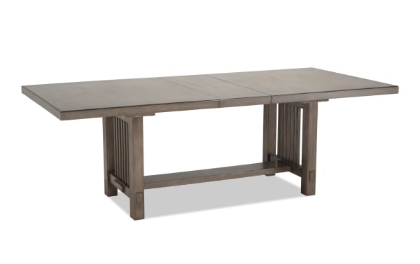 Artisan Gray Extendable Dining Table with oak veneer top, Asian hardwood solid legs, and two extendable leaves in a transitional style.