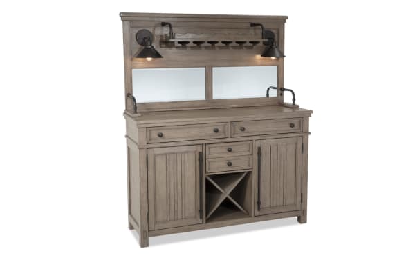 Artisan 2 Piece Gray Bar with oak veneer, MDF, and Asian hardwood solids in transitional style. Features felt-lined drawers, glass storage, lighting, and mirror.