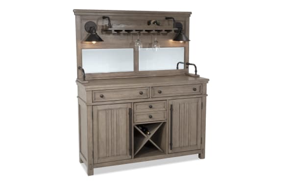 Artisan 2 Piece Gray Bar with oak veneer, MDF, and Asian hardwood solids in transitional style. Features felt-lined drawers, glass storage, lighting, and wine rack. Part of Artisan Dining collection.