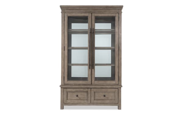 Artisan 2 Piece Gray China Cabinet in transitional style with oak veneer, tempered glass doors, interior lighting, and two bottom drawers for dining storage.