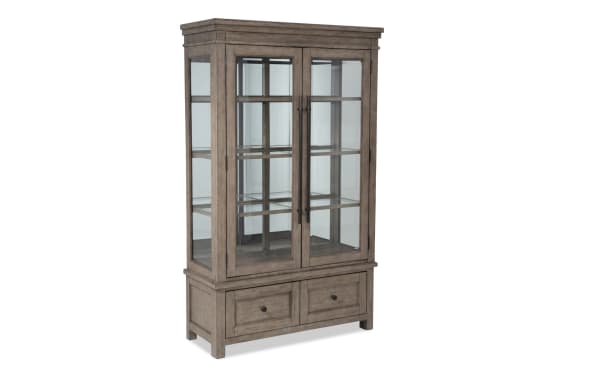 Artisan 2 Piece Gray China Cabinet with oak veneer, tempered glass doors, built-in lighting, and two drawers in transitional style.