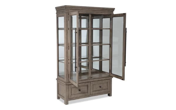 Artisan 2 Piece Gray China Cabinet with oak veneer, tempered glass doors, interior lighting, and two lower drawers in transitional style.