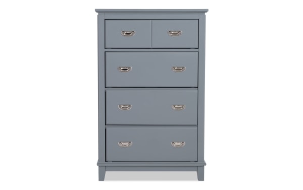Chadwick Gray 4 Drawer Chest in transitional style, made of MDF, poplar solids, and veneers, features felt-lined drawers and silver cup handles.