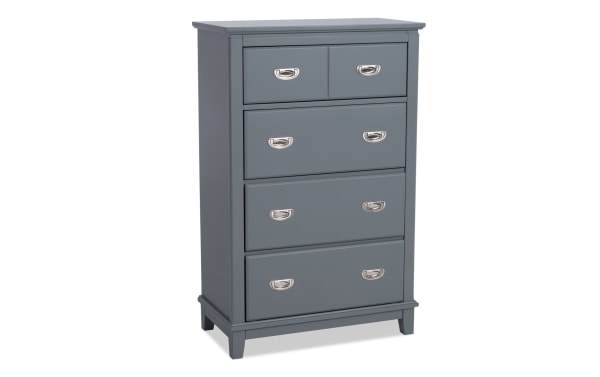 Chadwick Gray 4 Drawer Chest in transitional style, made of MDF, poplar solids, and veneers, featuring felt-lined drawers and silver metal handles.