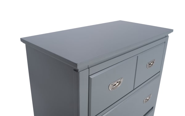 Chadwick Gray 4 Drawer Chest in transitional style, made of MDF, poplar solids, and veneers, featuring a smooth gray finish and metal drawer pulls.