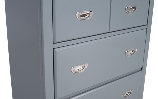 Chadwick Gray 4 Drawer Chest from the Chadwick collection, transitional style with gray MDF, poplar solids, and veneer construction, featuring metal cup handles and felt-lined drawers for organized storage.