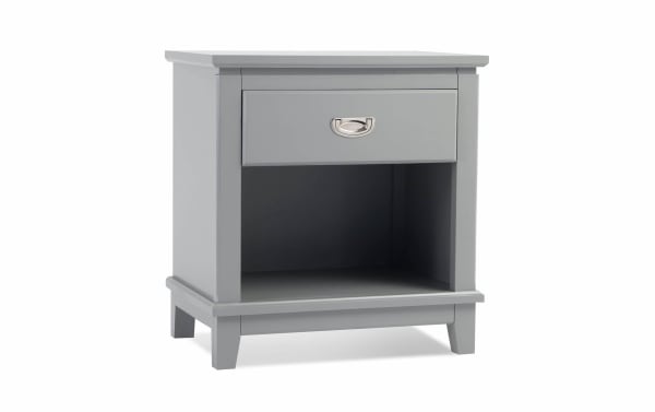 Gray Chadwick Gray Nightstand with Drawer in transitional style, made of MDF, poplar solids, and veneers, featuring a felt-lined drawer and open shelf.