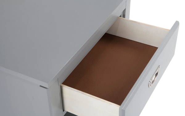 Chadwick Gray Nightstand with Drawer in transitional style, featuring a smooth gray MDF and poplar solid wood finish, metal recessed handle, and felt-lined drawer for bedside storage.