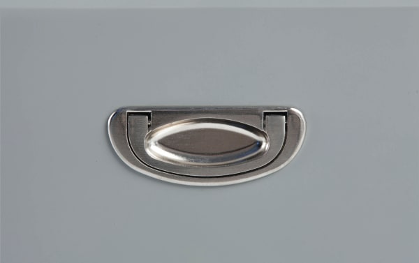 Transitional Chadwick Gray Nightstand drawer handle in polished metal, part of MDF and poplar solids furniture with sleek, no snag design.
