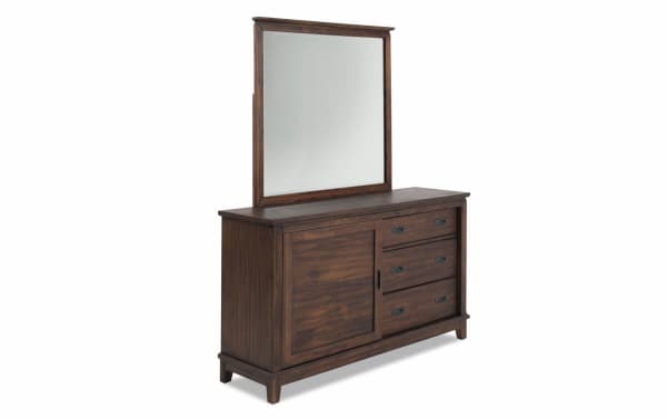 Chadwick Brown 3 Drawer Dresser & Mirror in rustic walnut finish, transitional style with MDF, poplar solids, veneers, felt-lined drawers, and sliding door.