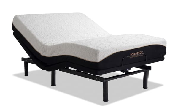 Power Bob Ultra Base with Copper Sport Gel 11.5'' Queen Firm Mattress by Bob-O-Pedic, adjustable base with white textured copper-infused gel memory foam and black base, designed for temperature regulation and pressure relief.
