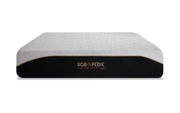 Power Bob Ultra Base with Copper Sport Hybrid 11.5'' Twin XL Firm Mattress featuring a white patterned top, black base with copper-colored "BOB-O-PEDIC COPPER SPORT Hybrid" branding, designed for temperature regulation and pressure relief.