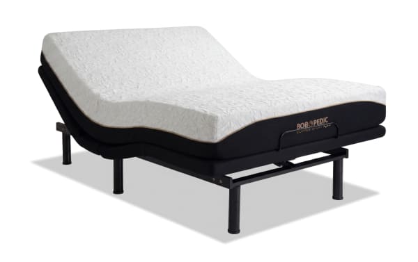 Power Bob Ultra Base with Copper Sport Hybrid 11.5" Queen Firm Mattress featuring white textured cover with copper threads, black base, adjustable frame, and temperature-regulating copper memory foam layers from Bob-O-Pedic Copper Sport collection.