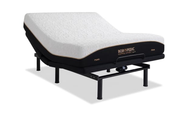 Power Bob Ultra Base with Copper Sport Hybrid 11.5'' Queen Dual Mattress featuring adjustable black metal base and white textured copper-infused memory foam mattress from Bob-O-Pedic Copper Sport collection with plush and firm sides.