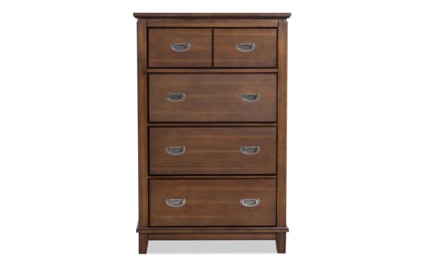 Chadwick Brown 4 Drawer Chest in rustic walnut, transitional style with MDF, poplar solids, and veneers. Features felt-lined drawers and metal cup handles.