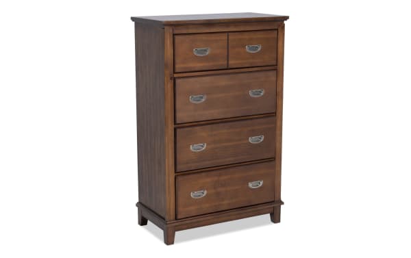 Chadwick Brown 4 Drawer Chest in rustic walnut, transitional style with MDF, poplar solids, veneers, and felt-lined drawers for organized storage.