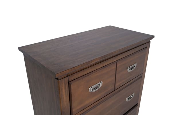 Chadwick Brown 4 Drawer Chest in rustic walnut, transitional style with MDF, poplar solids, and veneers, featuring felt-lined drawers for child’s room storage.