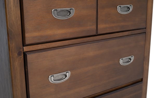 Chadwick Brown 4 Drawer Chest in rustic walnut finish, transitional style with MDF, poplar solids, and veneers, featuring metal cup drawer pulls and felt-lined drawers for organized storage.