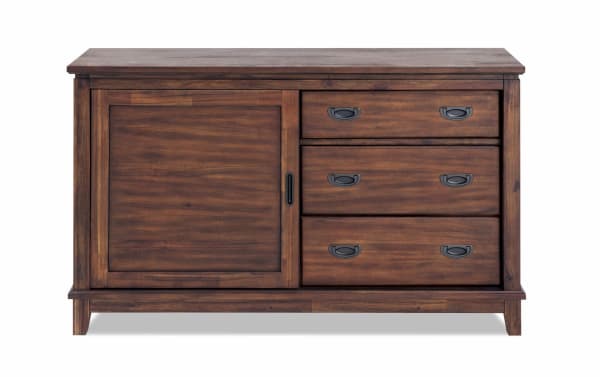 Chadwick Brown 3 Drawer Dresser in rustic walnut, transitional style with MDF, poplar solids, and veneers. Features one sliding door and three felt-lined drawers for versatile child storage.