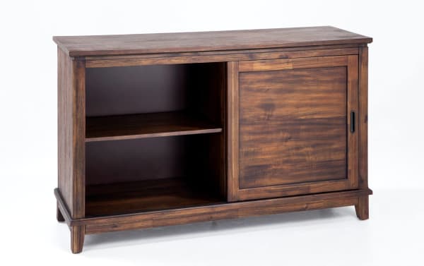 Chadwick transitional style storage cabinet in rustic walnut finish with MDF, poplar solids, and veneers. Features open shelving and a sliding door for versatile organization.