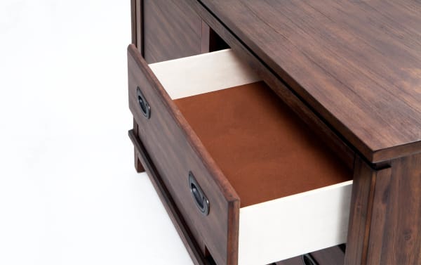 Chadwick Brown 3 Drawer Dresser in rustic walnut, transitional style with felt-lined drawers, MDF and poplar solids, space-saving storage solution.