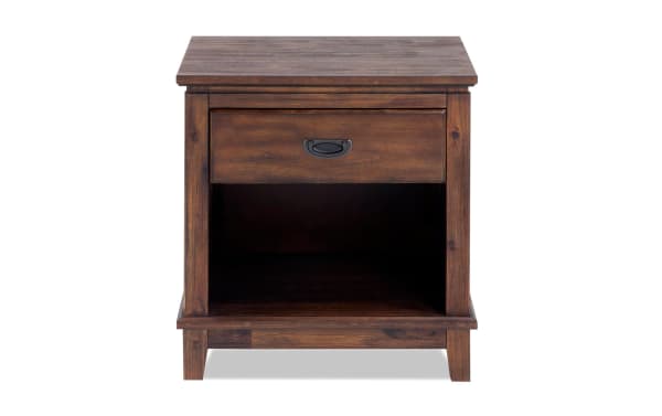 Chadwick Brown Nightstand with Drawer in transitional style, made of MDF, poplar solids, and veneers, featuring a felt-lined drawer and open storage space.