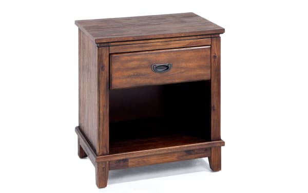 Chadwick Brown Nightstand with Drawer in transitional style, made of MDF, poplar solids, and veneers, featuring a warm brown finish, one felt-lined drawer with no snag handle, and open storage space below.