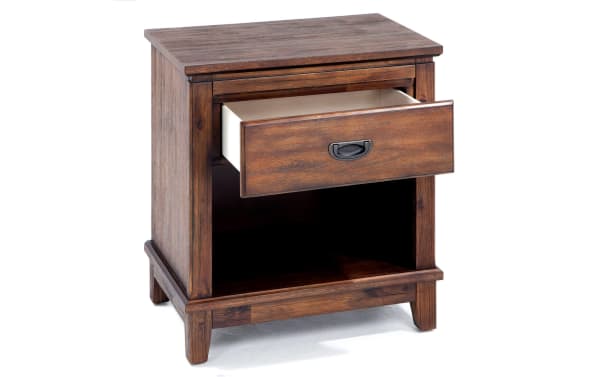 Chadwick Brown Nightstand with Drawer in transitional style, made of MDF, poplar solids, and veneers, featuring a warm wood finish, felt-lined drawer, no snag handle, and open lower shelf for bedside storage.