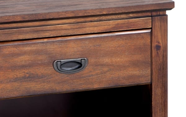 Chadwick Brown Nightstand with Drawer in transitional style, made of MDF, poplar solids, and veneers, featuring a warm brown wood finish and recessed black metal handle.