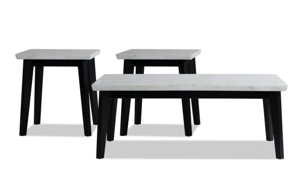 Elm Espresso & Marble Coffee & 2 End Table Set from Elm Occasional collection, featuring contemporary black MDF frames and sleek white marble tops.