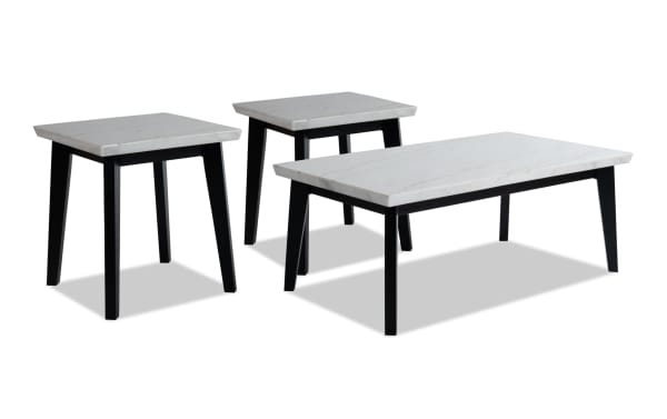 Elm Espresso & Marble Coffee and 2 End Table Set from Elm Occasional collection, featuring contemporary black MDF frames and sleek white marble tops.