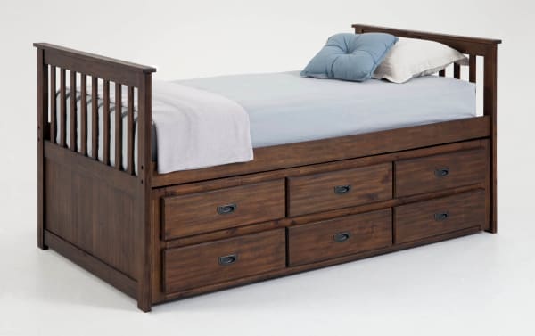 Chadwick Twin Brown Storage Captain Bed with Twin Trundle in transitional style, made of MDF, poplar solids, and veneers, featuring dark brown finish and six built-in drawers for clothing and shoe storage.