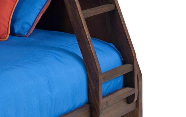 Transitional Chadwick Twin/Full Brown Bunk Bed ladder made of MDF, poplar solids, and veneers with a dark wood finish and blue bedding.