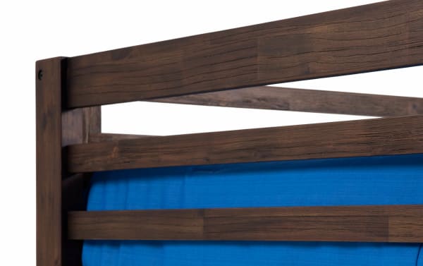 Dark brown Chadwick Twin/Full bunk bed frame in transitional style, made from MDF, poplar solids, and veneers with horizontal slat design.