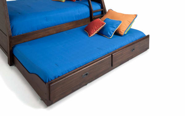 Chadwick Twin/Full Brown Bunk Bed with Twin Trundle in transitional style, featuring dark wood MDF and poplar solids, blue bedding, and colorful pillows.