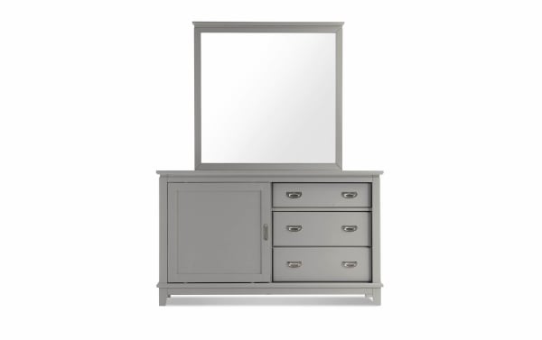Chadwick Gray 3 Drawer Dresser & Mirror in transitional style, featuring MDF, poplar solids, gray finish, felt-lined drawers, and a large square mirror.
