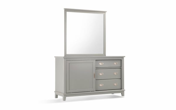 Chadwick Gray 3 Drawer Dresser & Mirror from Chadwick collection, transitional style in gray MDF, poplar solids, veneers with felt-lined drawers and sliding door.
