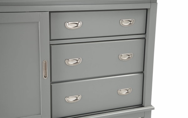 Gray Chadwick transitional 3-drawer dresser with metal cup pulls, made of MDF, poplar solids, and veneers, part of the Chadwick collection.