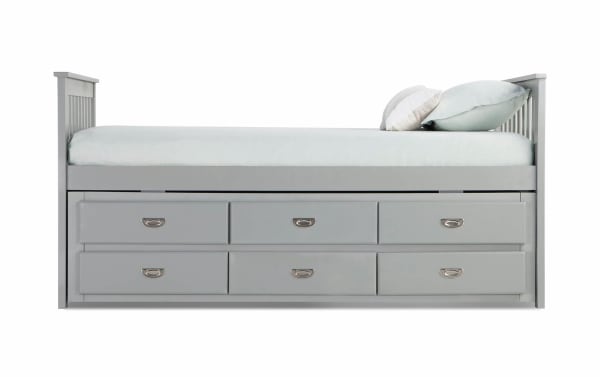 Chadwick Twin Gray Storage Captain Bed with Twin Trundle in transitional style, featuring gray MDF and poplar solids, six built-in drawers for clothing and shoes.