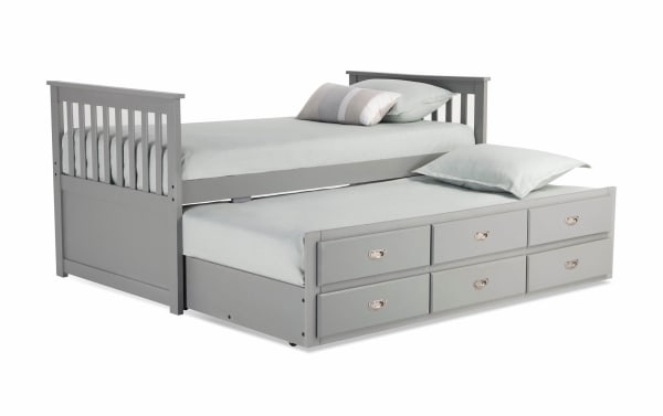 Chadwick Twin Gray Storage Captain Bed with Twin Trundle in transitional style, made of MDF, poplar solids, and veneers, featuring built-in drawers and a pull-out trundle for extra sleeping space.
