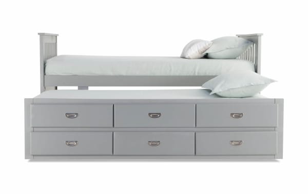 Chadwick Twin Gray Storage Captain Bed with Twin Trundle in transitional style, featuring gray MDF, poplar solids, and veneer frame with six built-in drawers for bedroom storage.