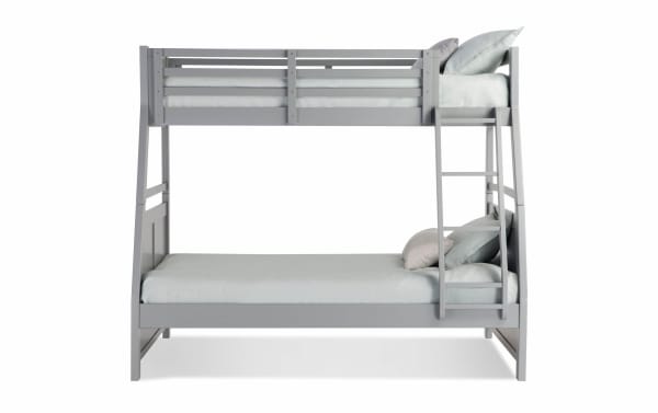 Chadwick Twin/Full Gray Bunk Bed in transitional style, made of MDF, poplar solids, and veneers, featuring a space-saving ladder and guardrails.